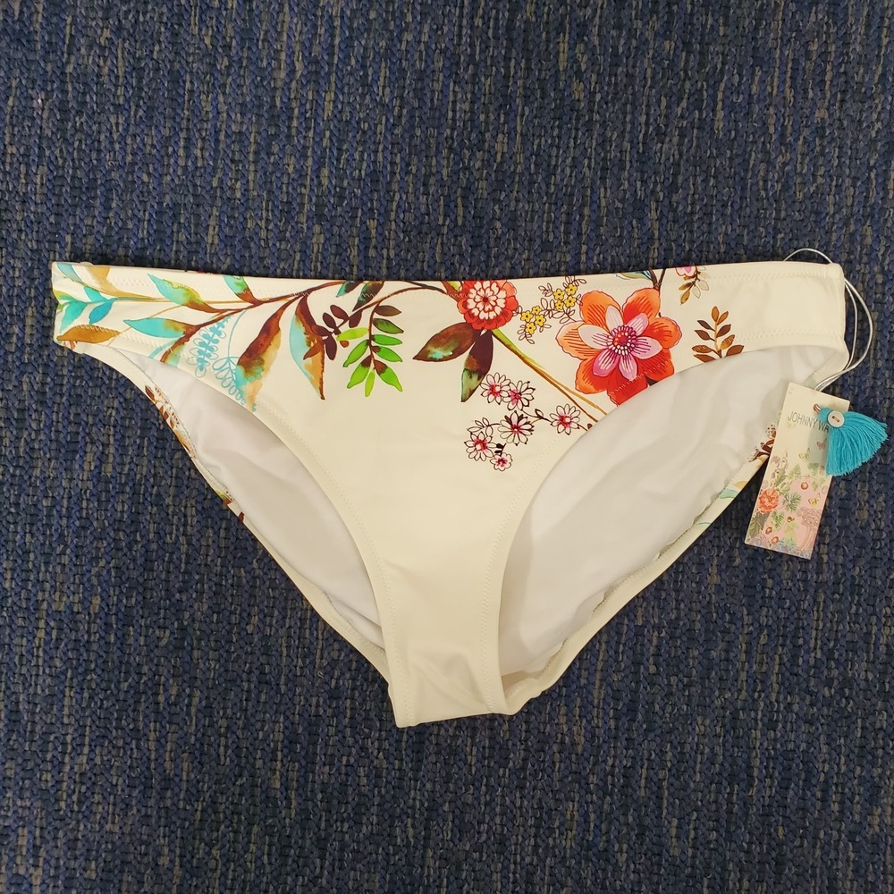 Johnny Was Womens Floral Cores Hipster Swim Bottoms Size XL White Beach Vacation
